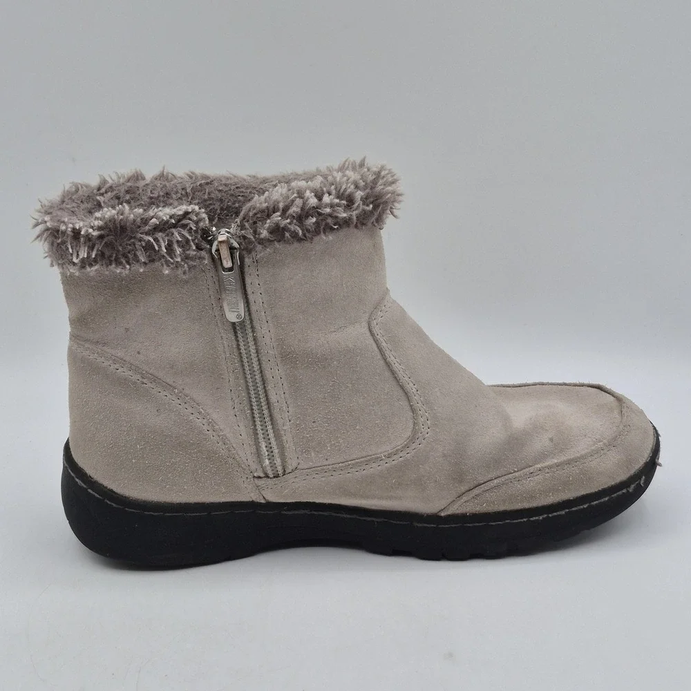 Khombu Snow Boots Womens Size 6 Beige Suede Faux Fur Ankle Zip Winter‎ Warm
